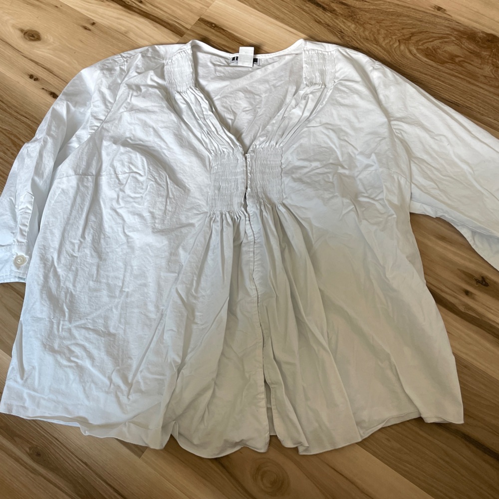 JL Studio Long Sleeve Button Down Gathered Smocked Chest Detail Hook Clo…